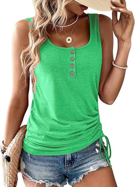 Womens U Neck Tank Tops Summer Sleeveless Loose Button Casual Henley Shirts
